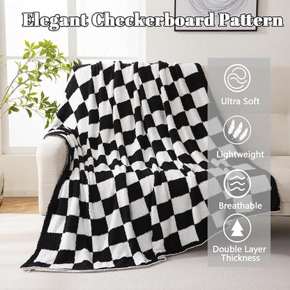 MorroMorn Checkered Blanket for Couch Bed Sofa Chair, Black Throw Blanket 2-Layers Soft Cozy Fleece Plaid Blankets Checkerboard Grid - Fluffy Fuzzy Plush Warm Home Decor, 60x80 inches