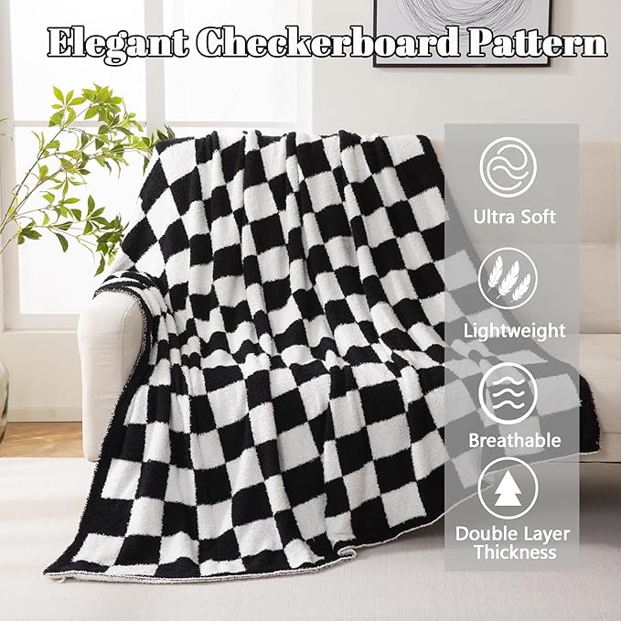 MorroMorn Checkered Throw Blanket for Couch, Black Throw Blanket 2-Layers Soft Cozy Fleece Plaid Blankets Checkerboard Grid - Fluffy Fuzzy Plush Warm for Sofa Chair Bed Decor Gift, 50x60 inches