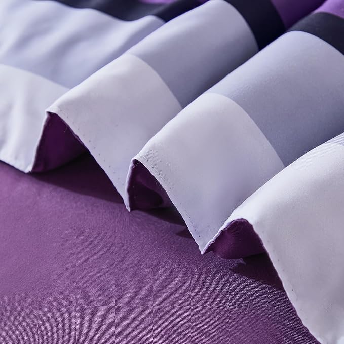 WONGS BEDDING Comforter Set King Size, Purple Bed in a Bag, 7 Pieces Comforter with Sheet Set, Striped Bedding Set for All Seaon (104"×90")