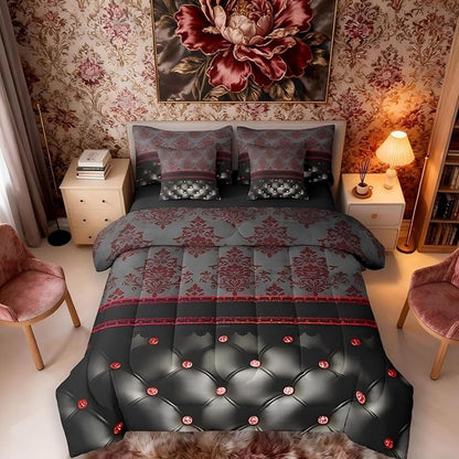 Erosebridal Red Damask Twin Comforter Set with Sheets | Victorian Decor Gothic Vintage Floral 7 Piece Bedding Set Luxury Black Diamond Texture Pattern Bohemian Bed in a Bag, Baroque Goth Room Decor