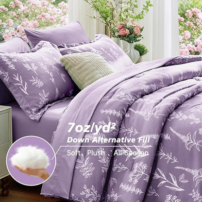 MUXHOMO Grayish Purple Full Comforter Set, Elegant Floral Print Bed in a Bag 7 Pieces, Ultra Soft & Breathable Reversible Botanical Pattern Bedding Set with Comforter, Sheets, Pillowcases, and Shams