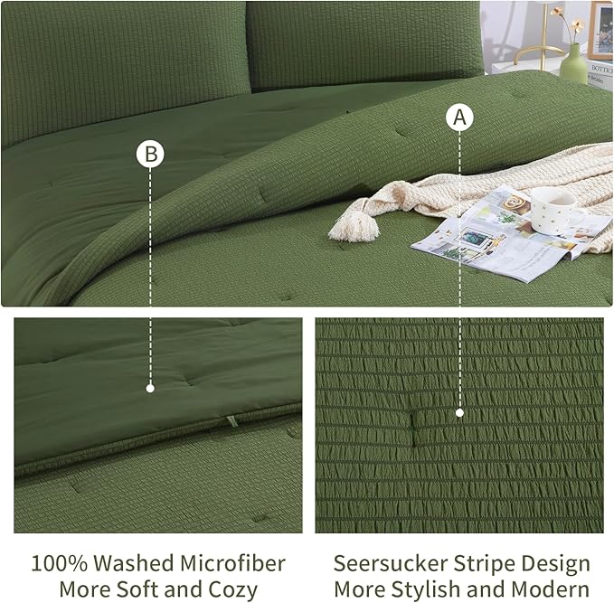 HOMBYS 3 Piece Seersucker Oversized King 120x120, Breathable Olive Green Soft Lightweight Bedding Comforter Sets with Comforter for All Season