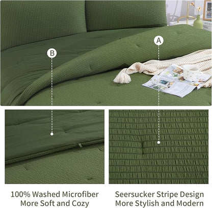 HOMBYS 3 Piece Seersucker Oversized King 120x120, Breathable Olive Green Soft Lightweight Bedding Comforter Sets with Comforter for All Season