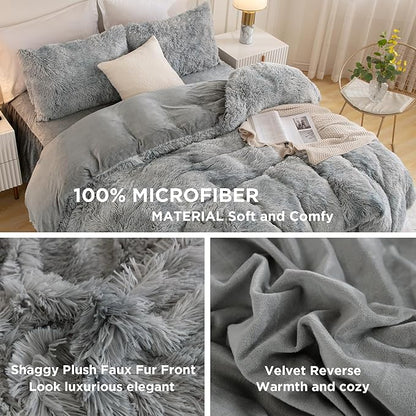 Andency Faux Fur Tie-Dyed Grey White Comforter Set Full Size, 3 Pieces Fluffy Fuzzy Plush Bedding Comforter Set (1 Shaggy Velvet Comforter & 2 Pillowcases), Soft Puffy Down Comforter Bedding Set