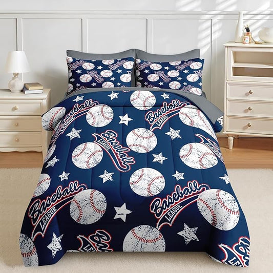 Nesker 7 Pcs Comforter Set Queen Size, Red White Blue Baseball Boys Bedding Set for Kids and Adults, Kids Vintage Ball Sports Sheets Bed Sheet Sets with Fitted Sheet 2 Pillowcases & 2 Shams