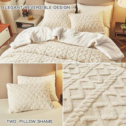 Joyreap 3-Piece Fluffy Faux Fur Sherpa Comforter Set Beige, Queen Size Luxury Tufted Bedding Comforter Set, All Season Soft n Cozy Plush Comforter Bed Set- 88x88 inches