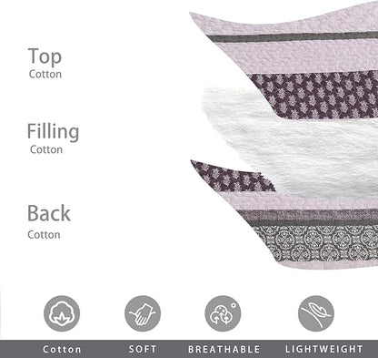 Homzard Quilts Queen Size, Cotton Comforter Set, Purple and Grey Queen Bed Set,Lightweight Striped Bedding, Farmhouse Bedspread All Season 3 Pieces