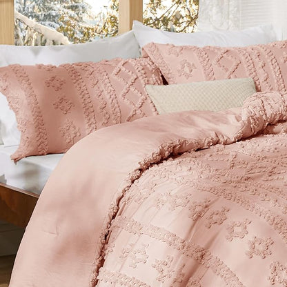 Bedsure Tufted Boho Comforter Set Twin Size - Light Pink Boho Bed Set, GentleSoft™ 2 Pieces Farmhouse Shabby Chic Embroidery Bedding, Gifts for Woman, Soft Jacquard Twin Comforter for All Seasons