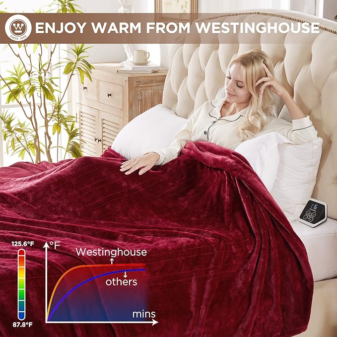 Westinghouse King Size Electric Heating Blanket, 10 Levels, Auto Shut Off, Fast Heating, Machine Washable (King, 100x90 Inches, Wine Red)