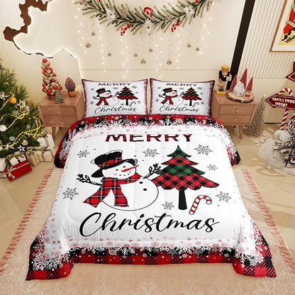 Snowman Christmas Tree Comforter Set Full Size,Geometric Black Red Plaid Quilt Set Winter Snowflake Print Bedding Set for Kids Boys Girls Adult Room Decor Happy New Year Duvet Insert 3Pcs