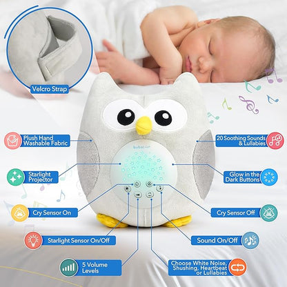 Bubzi Co Sound Machine, Portable Owl Soother & Night Light Projector, Comforting Electronic Infant Toddler Sleep Aid & Shush with White Noise