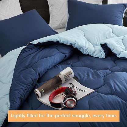 Comfort Spaces Queen Comforter Set Vibrant Reversible Comforters Queen Size Quilted Bedding Set, All Season Lightweight Bedding, Soft Microfiber Comforter, Vixie, Navy/Light Blue Full/Queen 3 Piece