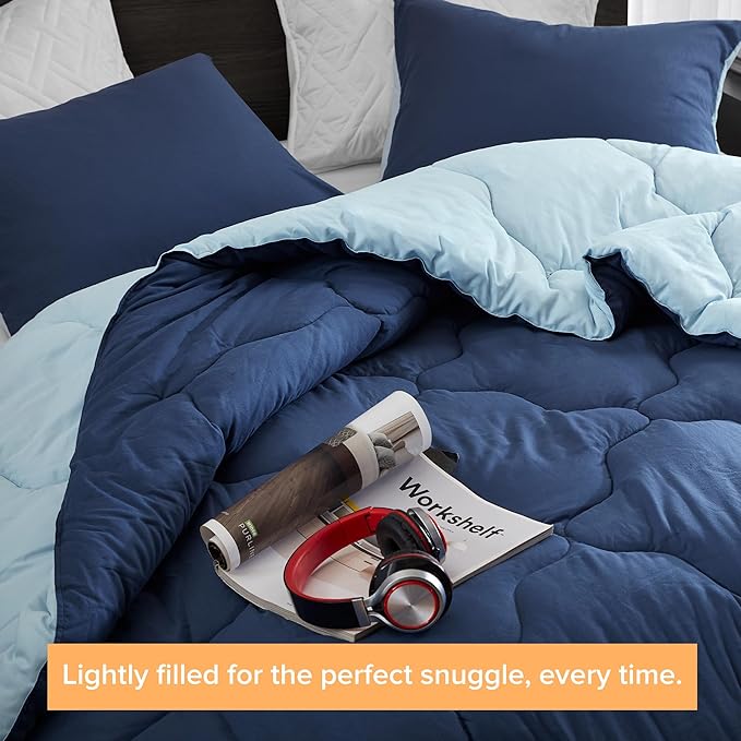 Comfort Spaces King Comforter Set Vibrant Reversible Comforters King Size Quilted Bedding Set, All Season Lightweight Bedding, Soft Microfiber Comforter, Vixie, Navy/Light Blue King 3 Piece