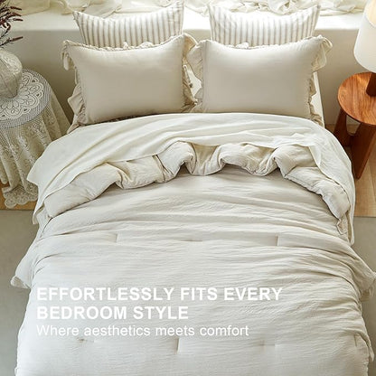 Beige Ruffle Comforter Set Twin, Pre-Washed Shabby Chic Bedding Set, Lightweight Cottagecore Soft Romantic Cozy 1 Comforter & 1 Sham, All-Season