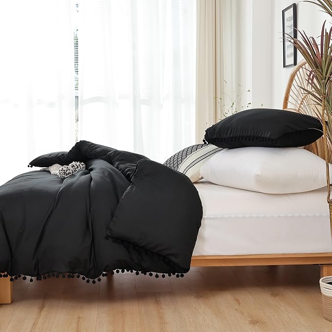 YIRDDEO Twin Comforter Set - Comforter Twin Size Bed with Ball Pom Fringe, Soft Bedding Set for All Seasons - 2 Pieces, 1 Comforter (66"x90") & 1 Pillow Sham(20"x26"), Black
