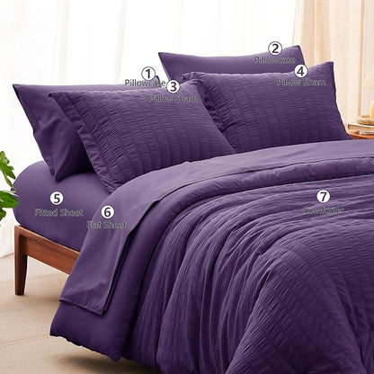 CozyLux Queen Comforter Set Purple Seersucker 7 Pieces Bed in a Bag Queen Comforter Set with Sheets, Luxury Soft Bedding Set with Down Alternative Comforter, Sheets, Pillowcases & Shams for All Season