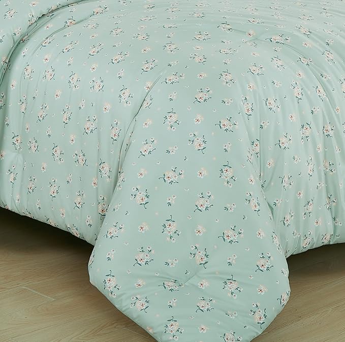 Chezmoi Collection Thistle 3-Piece Tranquil Floral Comforter Set Full - Soft Green White Floral Printed Microfiber Lightweight Bedding Set for All Season