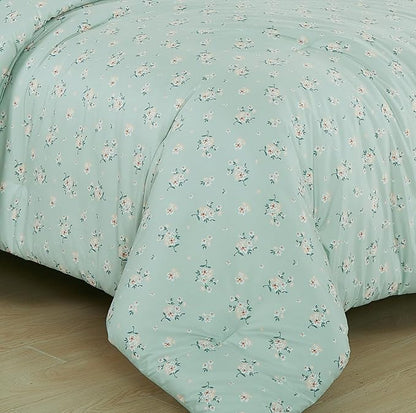 Chezmoi Collection Thistle 3-Piece Tranquil Floral Comforter Set King - Soft Green White Floral Printed Microfiber Lightweight Bedding Set for All Season