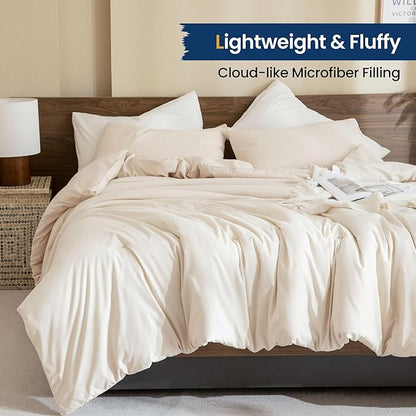 Paxrac Beige Comforter Set Full Size, Cream3 Pieces Comforter Set, Lightweight Solid Neutral Bedding Set, All Seasons Soft Breathable Boho Full Comforter Set (80x90In Comforter & 2 Pillowcases)