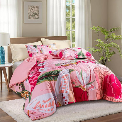 Pink Boho Floral King Comforter Set - 3 Piece Farmhouse Botanical Bedding Comforter Sets for All Season Soft Lightweight Mid Century Modern Bed Set, (1 Reversible Comforter and 2 Pillow Shams