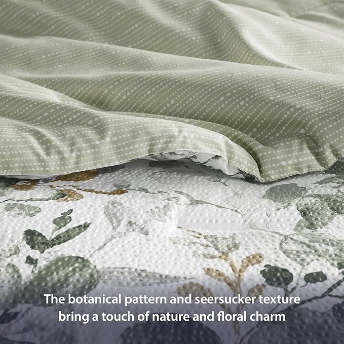 Lightweight Seersucker Botanical Comforter Set King Size, 3 Pieces Reversible Design with Striped Print, Premium Microfiber Bedding Set, Comforter and Sham Set, Green