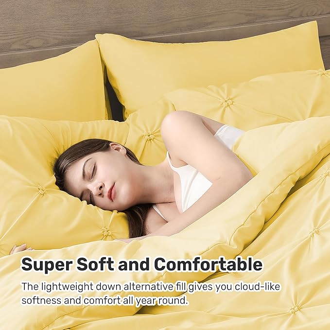 UNIKOME Queen Comforter Set Yellow - Ultra Soft Boho Pintuck Down Alternative Bedding Set for All Seasons, 3 Pieces Lightweight Warm Pinch Pleat Bed Set with Comforter, 2 Pillowcases