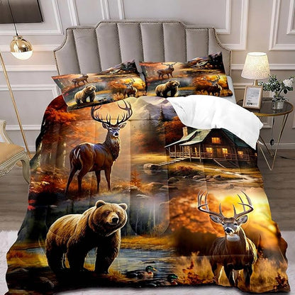 LUVIVIHOME 2PCS Bear Deer Comforter Set Twin Size, Elk Moose Mallard Duck Autumn Woodland Forest Animal Wildlife Hunting Camo Hunter Country Lodge Rustic Farmhouse Cabin Bedding Sets, 1 Pillow Sham