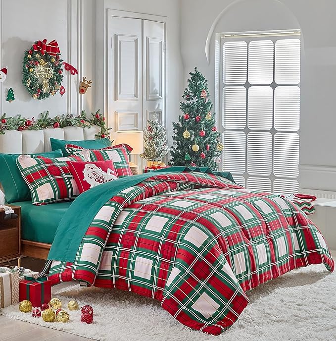 Tititada Christmas Plaid Bed in a Bag 7 Pcs King Size, Green and Red Buffalo Grid Bedding Comforter Set Warm for Winter(1 Comforter, 1 Flat Sheet, 1 Fitted Sheet, 2 Pillow Shams, 2 Pillowcases)