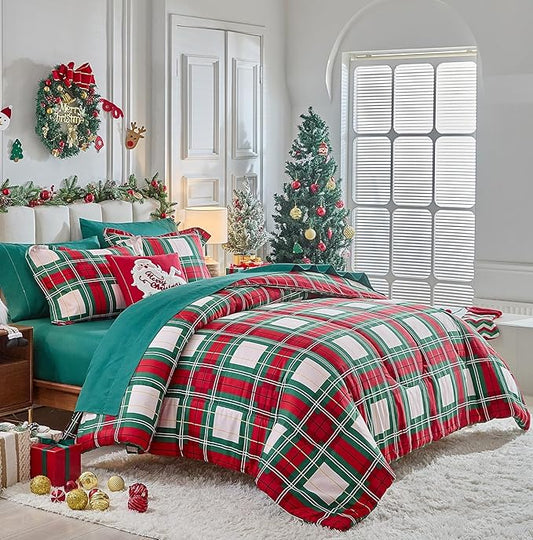 Tititada Christmas Plaid Bed in a Bag 7 Pcs King Size, Green and Red Buffalo Grid Bedding Comforter Set Warm for Winter(1 Comforter, 1 Flat Sheet, 1 Fitted Sheet, 2 Pillow Shams, 2 Pillowcases)