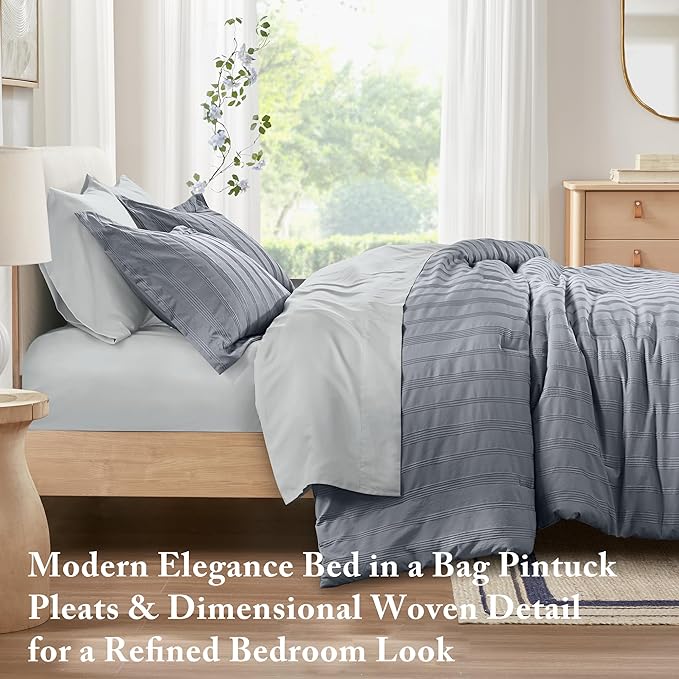 Madison Park Essentials Striped Comforter Set Twin, 5 Pieces Modern Minimalist Jacquard Bedding Set for All Season, Bed in A Bag with Sheet Set and Soft Brushed Reverse, Lightweight Blue/Grey