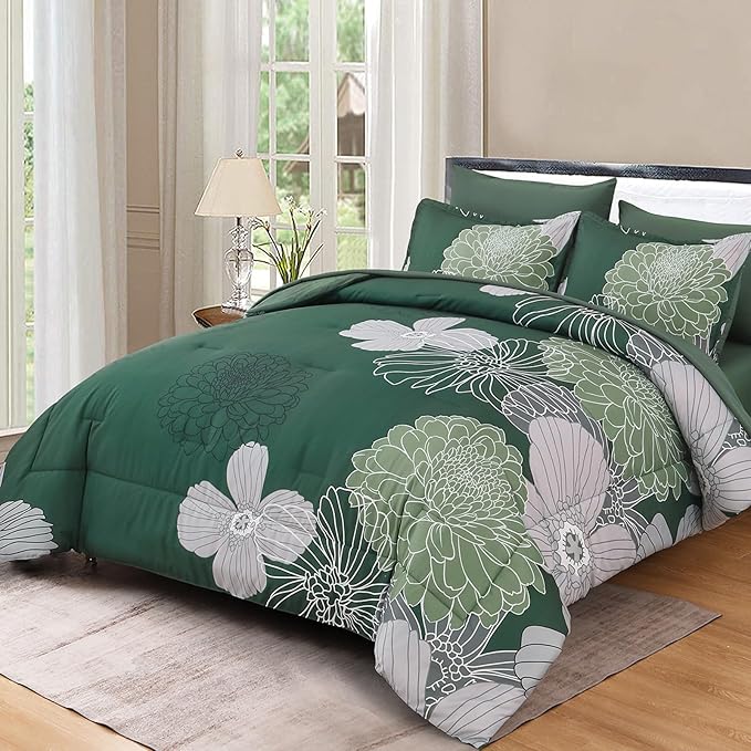 Yiran 7 Pieces King Size Comforter Set,Dark Green Floral Bed in a Bag Comforter and Sheet Set, Soft Microfiber Lightweight Bedding Set for All Season 104"×90"