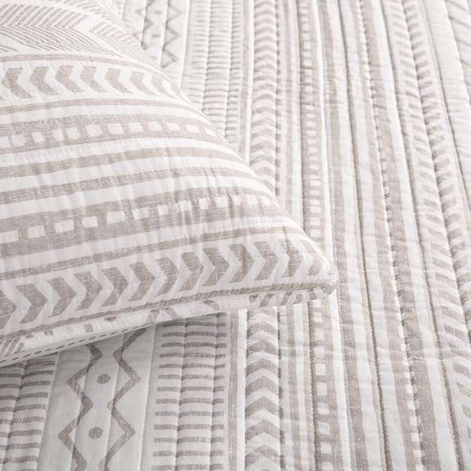 Lush Decor Hygge Geo Pattern Striped 3 Piece Quilt Bedding Set, King, Taupe & White