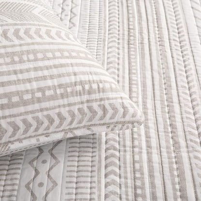 Lush Decor Hygge Geo Pattern Striped 3 Piece Quilt Bedding Set, King, Taupe & White