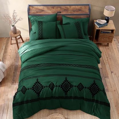 MaiRêve Embroidery Comforter Set, Boho Farmhouse Western Bedding Set, All Season Bed in A Bag Comforter Set with Sheets, Pillowcases & Shams, Emerald Green Full 7 Pieces