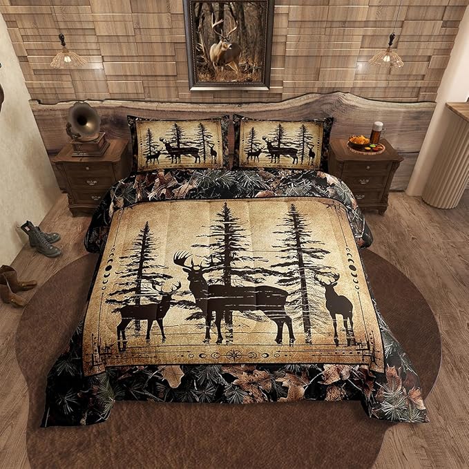 Erosebridal Camo Deer Toddler Comforter Set for Kids Boys Teen,Tree Branches Camouflage Hunting Bedding Set Woodland Animal Quilt Comforter Retro Pine Tree Wildlife Quilt Set 2 Pcs Bedroom Decor