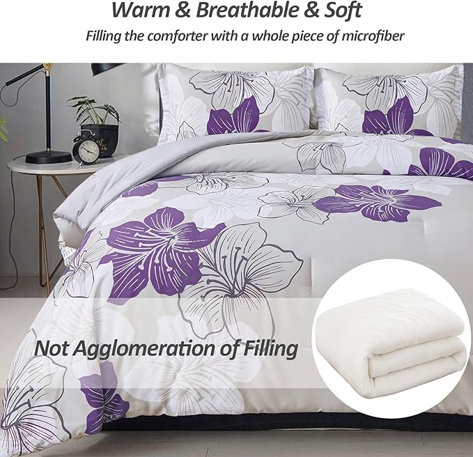 Menghomeus California King Comforter Set Purple Floral Pattern Printed on Grey Cal King Bedding Set Soft Microfiber Bed Comforter Set for All Season