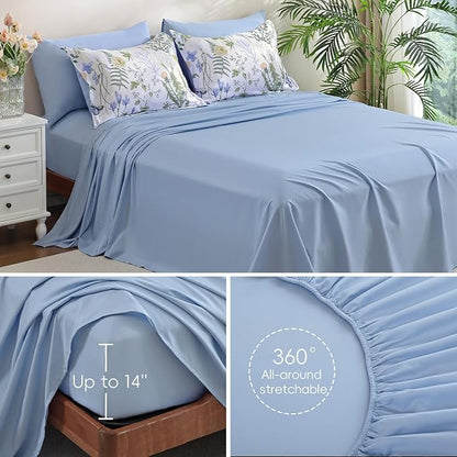 Yiran Queen Comforter Set, 7 Pieces Blue White Floral Soft Bedding Sets, Queen Bed in a Bag with Botanical Flowers All Season Comforter, Sheets, Pillowcases & Shams