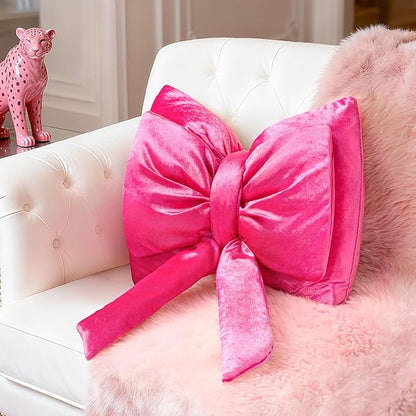 AELS Bow Pillow Decorative Throw Pillow, Shining Velvet Cute Pillow, 15.3"" & 13.7"" for Valentine's Day, Wedding, Christmas, Living Room, Bedroom, Nursery Decor, Hot Pink