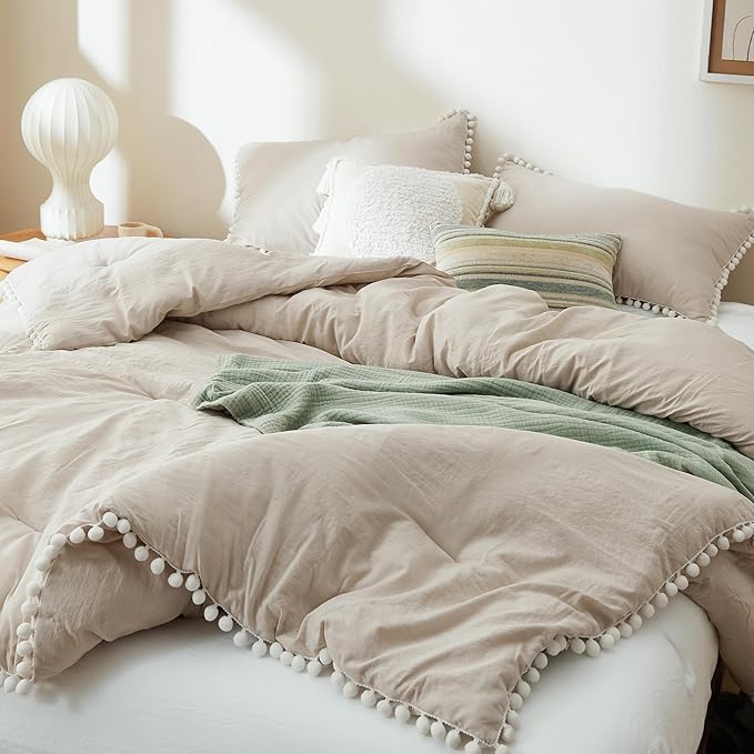Bedsure Twin/Twin XL Comforter Set - Linen Pom Pom Comforter, 2 Pieces Shabby Chic Bedding Comforter Set for All Seasons, Fluffy Soft Bedding Set with 1 Pillow Sham
