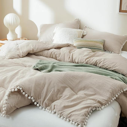 Bedsure Twin/Twin XL Comforter Set - Linen Pom Pom Comforter, 2 Pieces Shabby Chic Bedding Comforter Set for All Seasons, Fluffy Soft Bedding Set with 1 Pillow Sham