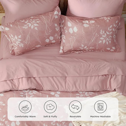 Bedsure Rose Pink Queen Comforter Set - 7 Pieces Floral Bedding Sets Queen Bed in a Bag with Reversible Botanical Flowers Comforter, Sheets, Pillowcases & Shams