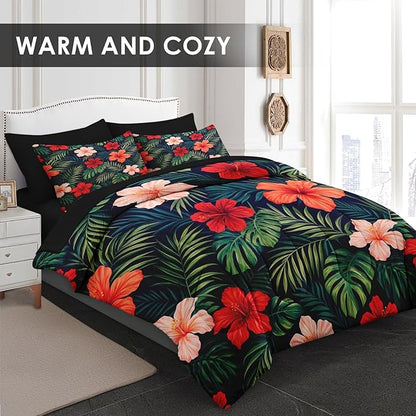 Comforter Set Queen Size, Summer Colorful Hawaiian 7 Pcs Bedding for Kids and Adults, Tropical Plants Hibiscus Bed Sheet Sets with Fitted Sheet 2 Pillowcases & 2 Shams for Bedroom Bed Decor