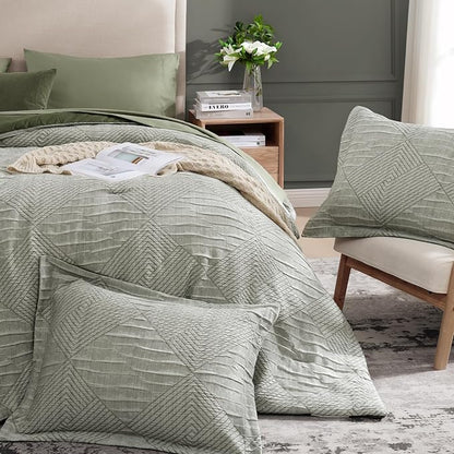 MaiRêve King Comforter Set Crinkle Textured, Light Olive Green Diamond Boho Bedding Set 7 Pieces Bed in A Bag, All Season Geometric Comforter Set with Sheets, Pillowcases & Shams