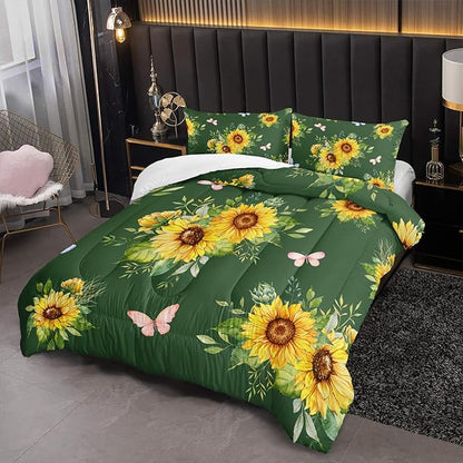 3 Piece Green Sunflower Comforter Sets Twin Size, Farmhouse Floral Bedding Set for Girls Boys Adults,3 Piece Bed in A Bag, Ultra Soft Microfiber All Season Yellow Flower Bedding Set