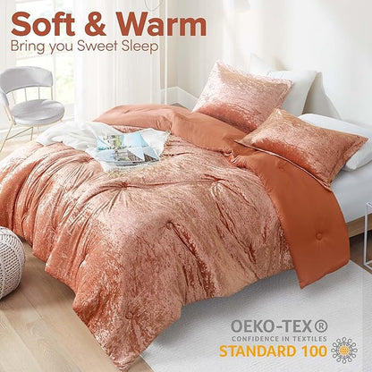 Comfort Spaces Luxe Queen Comforter Set Velvet Comforters for Queen Size Bed, Microfiber Reverse, Juliette, All Season Velvet Bedding Queen Size, Fluffy Bed Set, Sham, Full/Queen, Burnt Orange 3 Piece