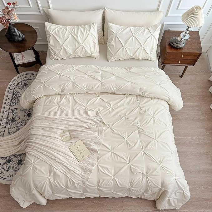 Maple&Stone Cream Queen Comforter Set, 7 Pieces Off White Comforter, Pintuck Bedding with Comforter, Sheets, Pillowcases & Shams - Cream