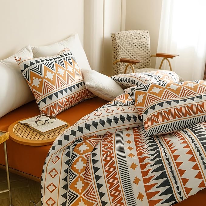 Cottonight Aztec Orange Black Comforter Set King Western Boho Bedding Comforter Set Vintage Rustic Women Men Blanket Quilts Ethnic Folkloric Bohemian Farmhouse Comforter Set King Size