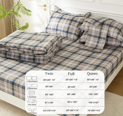 SDY 7PCS Queen Size Gingham Comforter and Sheet Set，Plaid Bedding Set with 1*Comforter,1* Flat Sheet, 1*Fitted Sheet,2*Pillowcases and 2*PillowcaseShams,Super Soft Microfiber Bedding Sheet Set
