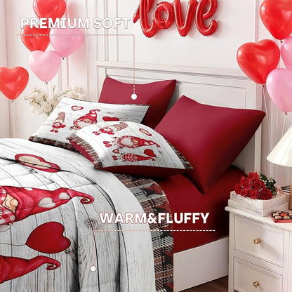 Nesker 7 Pcs Valentine's Day Comforter Set King Size, Cute Gnome Romantic Bedding Set for Kids and Adults, Christmas Love Funny Bed Sheet Sets with Fitted Sheet 2 Pillowcases & 2 Shams