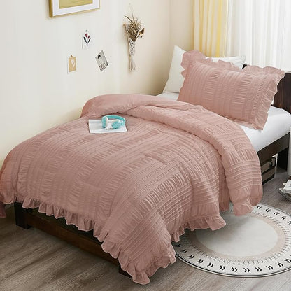 WONGS BEDDING Comforter Full Size, Pink Ruffle Comforter for Full Bed for Dorm Room Essentials, Soft Seersucker Textured Bedding Set Full Size Comforter Sets for Girls 90"×78"